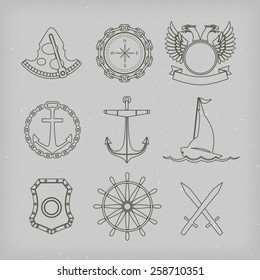 Vintage nautical labels, icons and design elements. Vector set