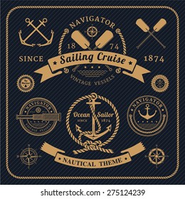 Vintage nautical labels logo set on dark background. Icons and design elements.