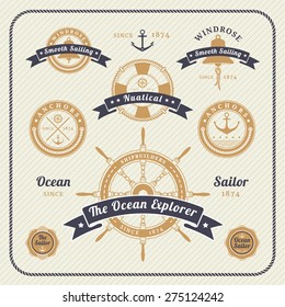 Vintage nautical labels set on light background. Icons and design elements.