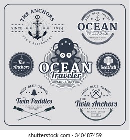 Vintage nautical labels vector set in blue colour