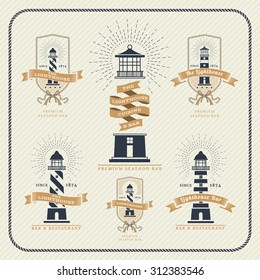 Vintage nautical lighthouse and ribbon labels set on striped background