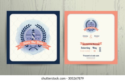 Vintage nautical lighthouse wreath wedding invitation card template on wood background