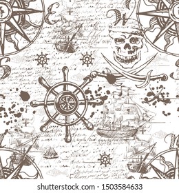 Vintage nautical map with sailboats, ship steering wheel, jolly roger and continents. Seamless pattern. Hand drawing. Grunge texture.