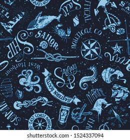 vintage nautical and marine elements  grunge abstract vector seamless pattern