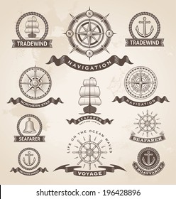 Vintage nautical marine label set. Retro vector design elements.