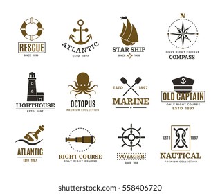 Vintage nautical, marine sailing, sea vessel vector labels, badges, logo. Sea marine logo, atlantic sea label illustration.