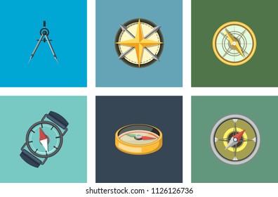 Vintage Nautical Or Marine Wind Rose And Compass Icons Set, For Travel, Navigation Design