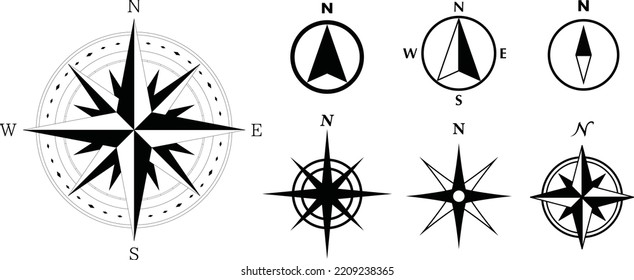 Vintage nautical or marine wind rose and compass icons set, for travel, navigation design