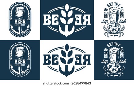 Vintage nautical monochrome collection featuring beer glass, anchor, rope, crab, barley, ideal for brewery, pub, bar logos, marine themed branding, and coastal craft beer designs.