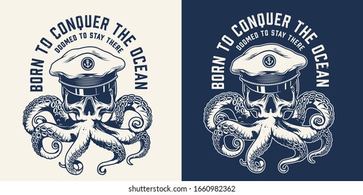 Vintage nautical monochrome emblem with octopus with skull in sea captain hat isolated vector illustration