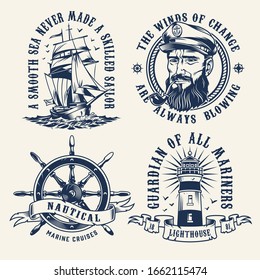 Vintage nautical monochrome labels with sailing ship rudder lighthouse and sailor head with smoking pipe isolated vector illustration