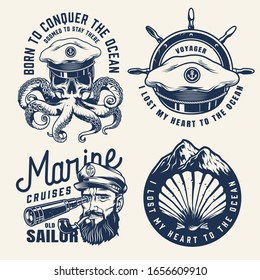 Vintage nautical monochrome labels with sea captain hat ship wheel seashell mountains skull with octopus tentacles sailor looking through spyglass isolated vector illustration