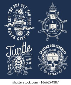 Vintage nautical monochrome logos collection with letterings lighthouse ship wheel turtle seahorse skull in sailor hat with crab limbs isolated vector illustration