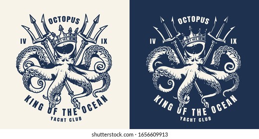 Vintage nautical monochrome print with octopus in crown and crossed poseidon tridents isolated vector illustration