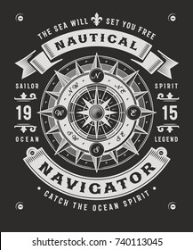 Vintage Nautical Navigator Typography On Black Background. T-shirt and label graphics in woodcut style. Editable vector illustration.