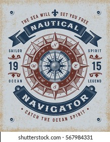 Vintage Nautical Navigator Typography, T-shirt And Label Graphics In Woodcut Style. Editable EPS10 Vector Illustration.