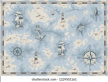 Vintage nautical old map concept with ship bell lighthouse swordfish anchor wheel navigational compass seashell islands vector illustration