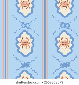 Vintage nautical pattern with crabs on blue background.