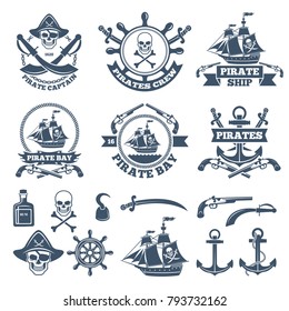 Vintage nautical and pirates labels. Monochrome logos of sea and sailing. Pirate label with skull and anchor, rum and weapon, vector illustration