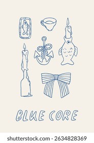 Vintage nautical poster with hand-drawn blue elements – fish, anchor, candles, decor, striped bow in blue on white background. Coquette blue core. Vector a4 card. Perfect for coastal interior decor.