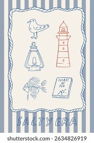 Vintage nautical poster with hand-drawn sea elements. Lighthouse, fish, seagulls, book in red and blue on striped background. Vector a4 card. Perfect for coastal interior decor, party invitation.