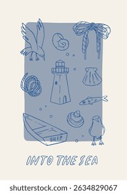 Vintage nautical poster with hand-drawn sea elements – lighthouse, fish, seagulls birds, boat, rope in blue on striped background. Vector a4 card. Perfect for coastal interior decor, party invitation.