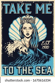 Vintage nautical poster with seashell sea wave and pretty girl in ornate crown vector illustration