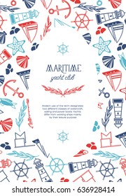 Vintage nautical poster with text and hand drawn marine elements on white background vector illustration