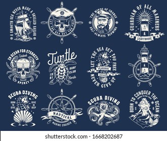 Vintage nautical prints with mermaid ship rudder skull in sailor hat with crab limbs turtle seahorse lighthouse seashell octopus in diving helmet sea captain head isolated vector illustration