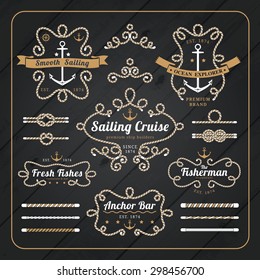 Vintage Nautical Rope Frame Labels Set On Dark Wood Background With Rope Brushes