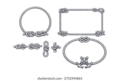 Vintage Nautical Rope Frames and Knots with Anchors Marine Rope Borders and Decorative Sailor Knot Elements Vector Set