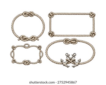 Vintage Nautical Rope Frames with Sailor Knots and Anchors Marine Rope Borders Decorative Vector Set