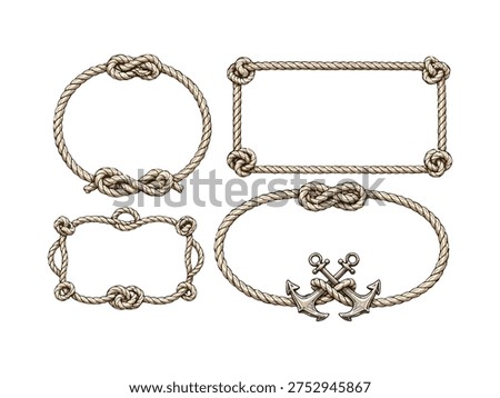 Vintage Nautical Rope Frames with Sailor Knots and Anchors Marine Rope Borders Decorative Vector Set