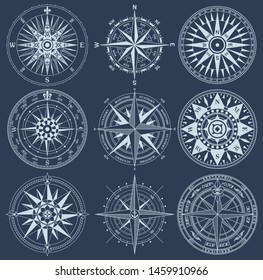 Vintage nautical rose wind compass vector collection