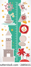 Vintage nautical. sea animals, boats, lighthouse. cute objects collection. Children height meter wall Sticker Vector