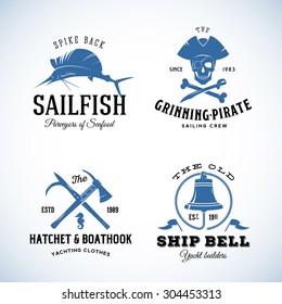 Vintage Nautical Sea Vector Logos or Labels with Retro Typography. Good for Seafood Restaurant, Cafe, Yachting, Sail Crew, etc. Isolated.