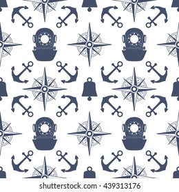 Vintage nautical seamless pattern. The diving and yachting theme. Stylish retro print for covering or wrapping. Vector Illustration background.