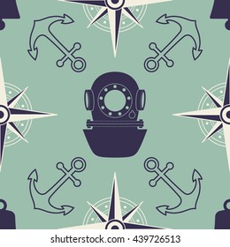 Vintage nautical seamless pattern. The diving and yachting theme. Stylish retro print for covering or wrapping. Vector Illustration background.