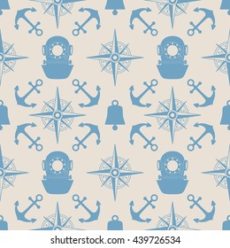 Vintage nautical seamless pattern. The diving and yachting theme. Stylish retro print for covering or wrapping. Vector Illustration background.