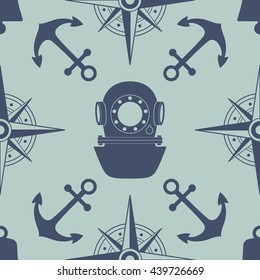 Vintage nautical seamless pattern. The diving and yachting theme. Stylish retro print for covering or wrapping. Vector Illustration background.