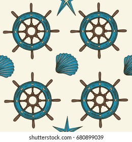 Vintage nautical seamless pattern with hand drawn vector shells and wheels. Summer design. Sketch. Pattern can be used for wallpaper, web page background, surface textures.