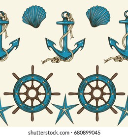 Vintage nautical seamless pattern. Hand drawn vector anchors, shells and wheels. Summer design. Sketch. Pattern can be used for wallpaper, web page background, surface textures.