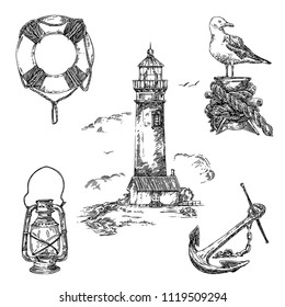 Vintage nautical set. Lifebuoy, old lantern, lighthause, seagull and anchor. Sketch. Engraving style. Vector illustration.