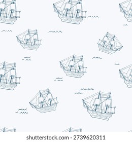 Vintage nautical ship seamless pattern with sailboats and waves for textile print for fabric, seamless pattern