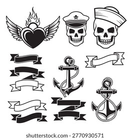 Vintage nautical and skull tattoo elements with banners and anchors