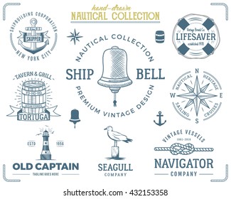 Vintage nautical stamps set. Old ship retro style. Sailing labels, emblems illustration. Nautical graphic symbols - rope, wind rose, lighthouse. Vector nautical sketch design. Adventure lifestyle.