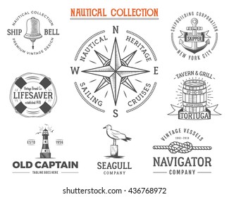 Vintage nautical stamps set. Old ship retro style. Sailing nautical labels, emblems illustration. Sea graphic symbols -  wind rose, anchor. Vector sketch design. Adventure lifestyle.