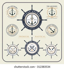 Vintage nautical steering wheel and anchor labels set on striped background