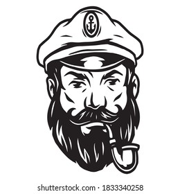 Vintage nautical tattoo concept with sea captain with beard and smoking pipe in monochrome style isolated vector illustration