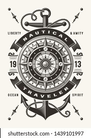 Vintage Nautical Traveler Typography (One Color). T-shirt and label graphics in woodcut style. Editable EPS10 vector illustration.